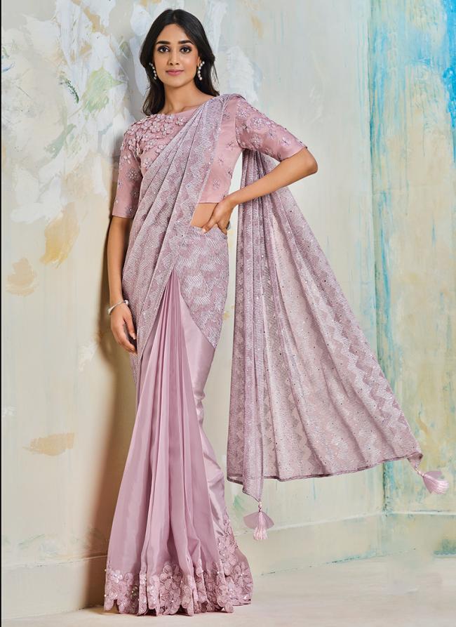 Sattin Silk  Pink Wedding Wear Sequins Work Ready To Wear Saree